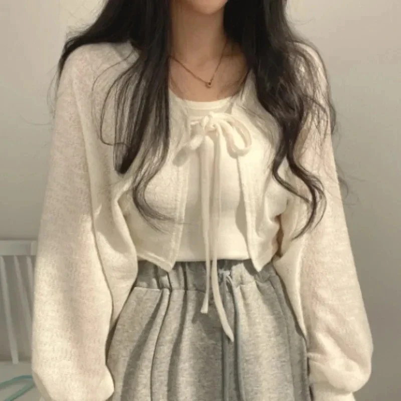 Thin White Cardigan Women Summer Sunscreen Lace-up Knitwear Tops Lady Korean Style Casual Lantern Sleeve Short Sun Protected Top 1