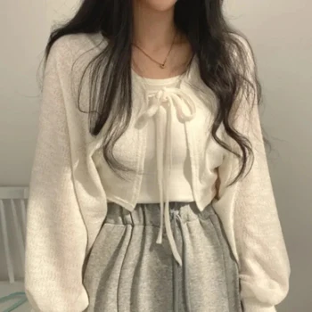 Thin White Cardigan Women Summer Sunscreen Lace-up Knitwear Tops Lady Korean Style Casual Lantern Sleeve Short Sun Protected Top 1