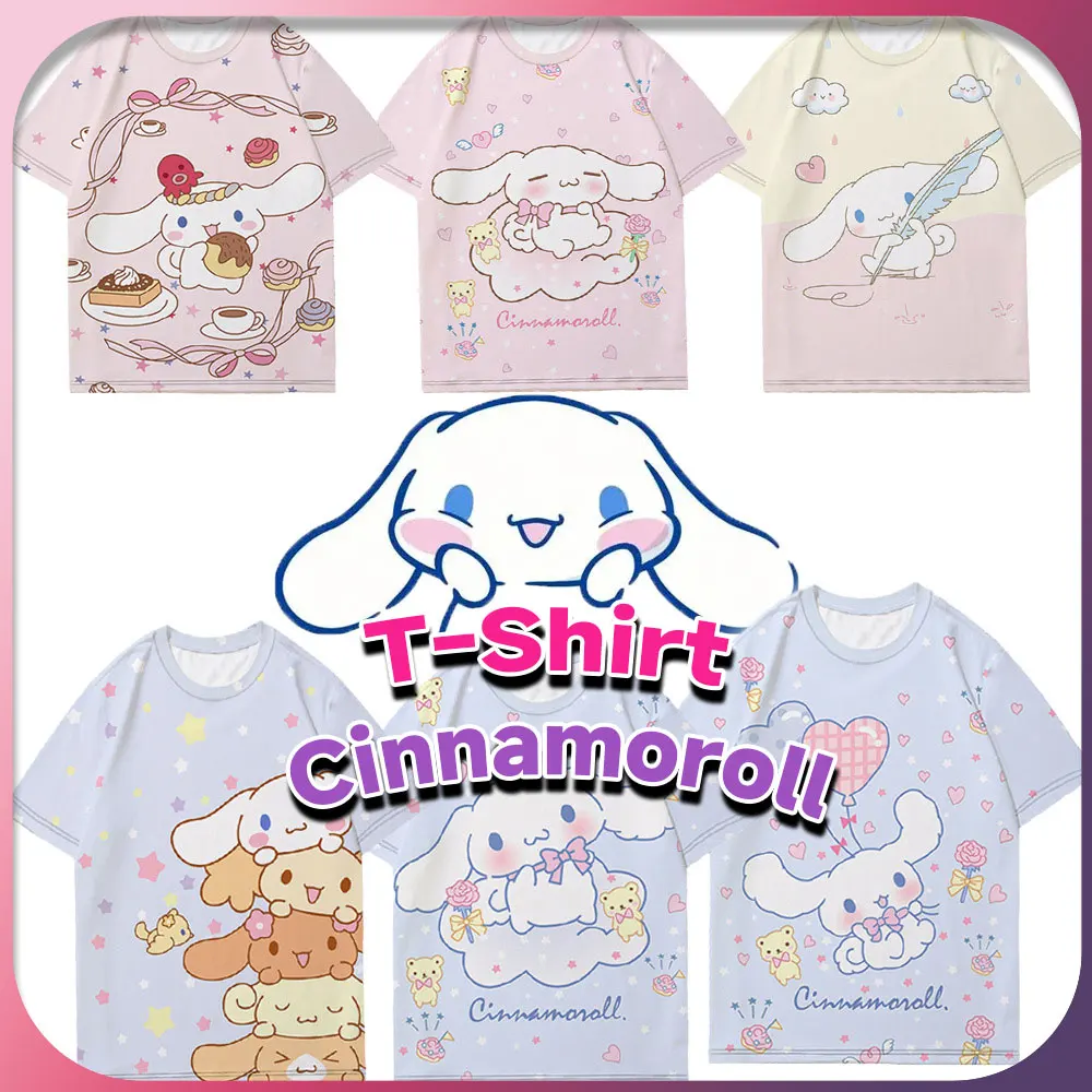 

Sanrio Kawaii Cinnamoroll Футболка 1 шт. летние с коротким рукавом аниме мультфильм принт модные повседневные милые топы подарок на день рождения