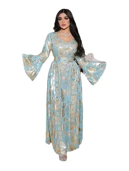 Muslim Dress Dubai Robe Flare Sleeves V Neck High Waist Elegant Middle East Evening Dresses