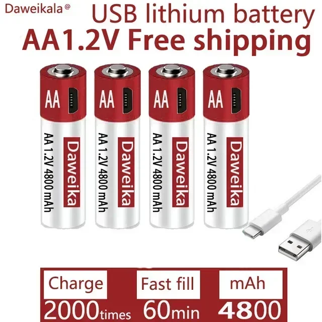 AA fast rechargeable lithium-ion battery, 1.2V battery, 4800mAh, used for remote controls, mice, small fans, electric toys 1