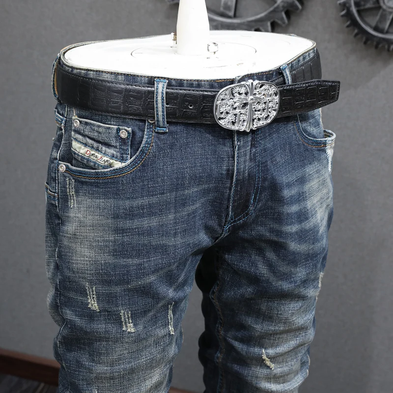 Italian Style Fashion Men Jeans Retro Black Blue Elastic Vintage Slim Ripped Jeans Men Embroidery Patched Designer Pants Hombre