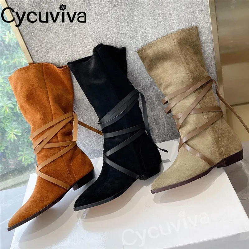 

Cowboy Mid-calf Boots For Women Brown Suede Leather Flat Knight Boots Square Heel Women's long Boots Slip On Botas Mujer 2022