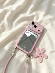 Chic Pink Mirror Card Holder Phone Case with Star Print and Flower Charm Wrist Strap - iPhone 15 (Pink)