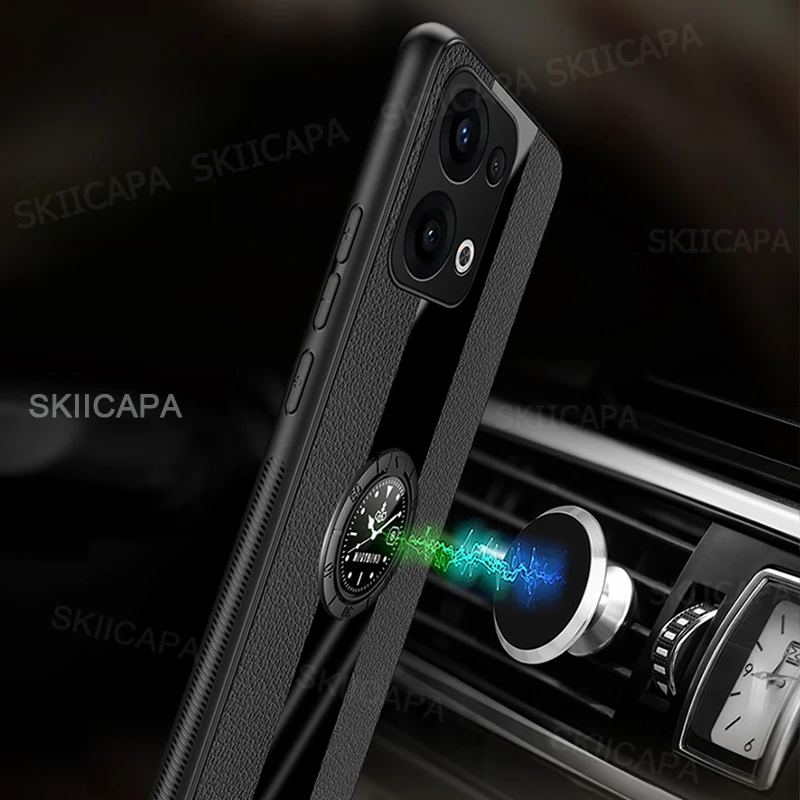 Premium PU Leather Magnetic Ring Holder Phone Case with Silicone Matte Bumper