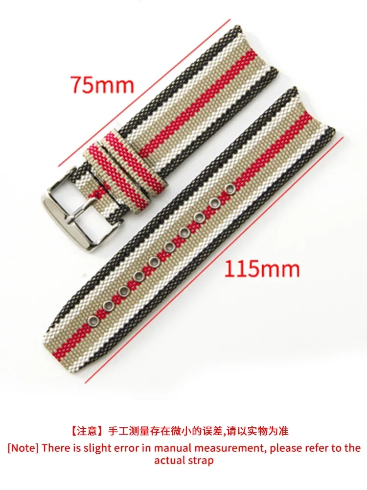 Men's Genuine Leather Cowhide Stripe Watch Strap in Nylon Canvas with Fold Buckle, 22mm