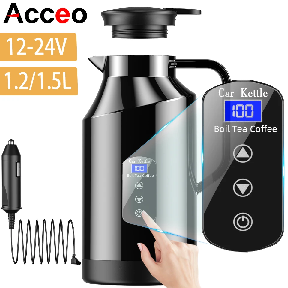 12V 24V 휴대용 차량용 온수 주전자 1200mL/1500mL 대용량 304 스테인리스 보온병 차/커피용 여행용