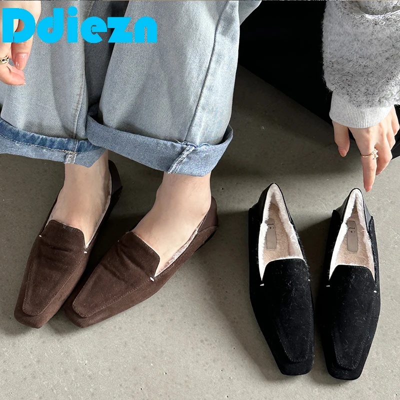 

Туфли женские меховые на плоской подошве, балетки, танцевальные лоферы, без застежки, теплая обувь из флока, Мэри Джейн