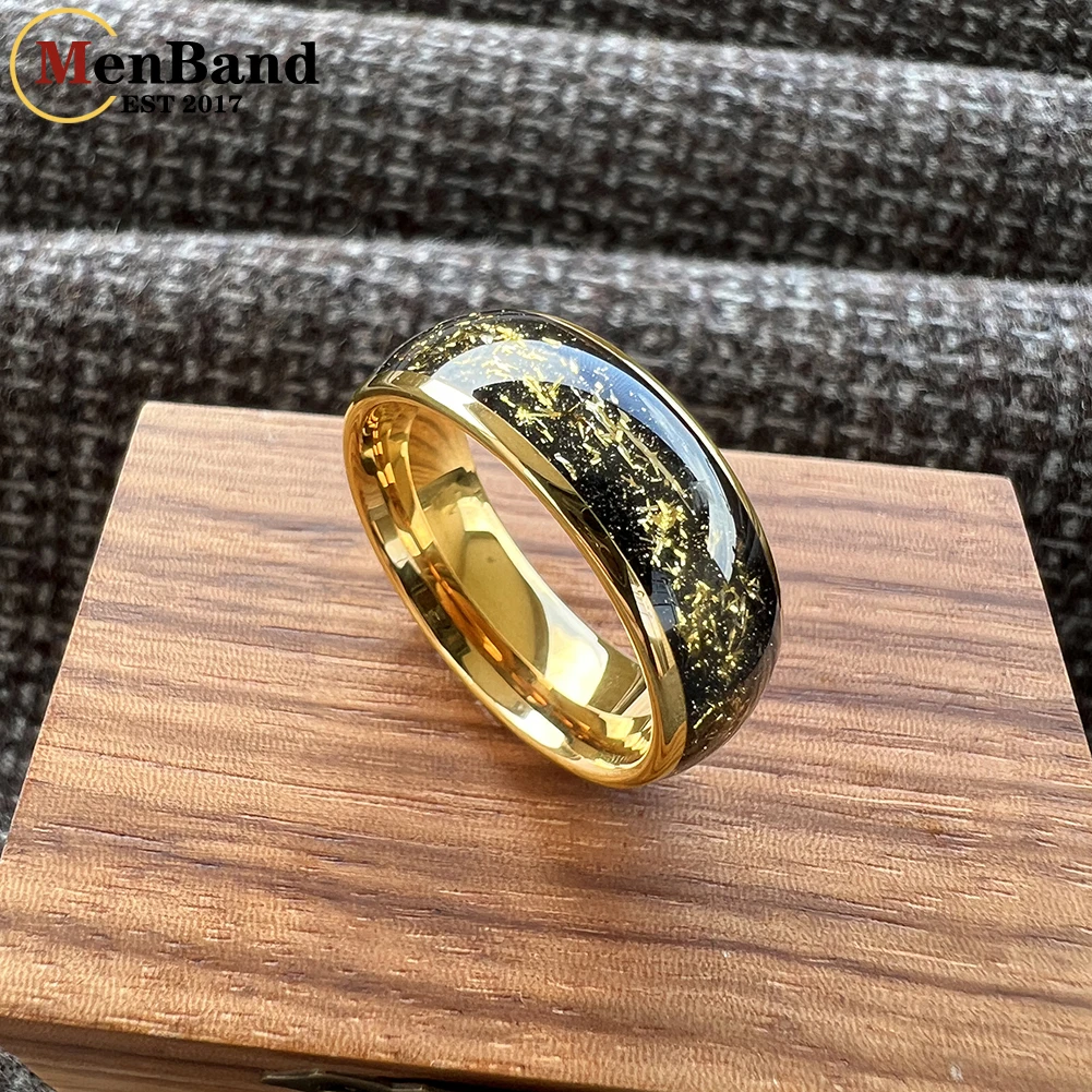 MenBand Jewelry Men's And Women's Tungsten Wedding Ring Domed Polished Black Sandblast Gold Foil Inlay Width 8mm Comfortable Fit