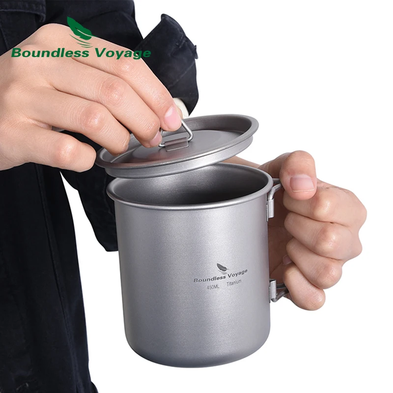 

Титановая кружка Boundless Voyage 450 мл, чашка для кофе и чая со складной ручкой и крышкой, уличные чашки для кемпинга, вина, воды, чая, посуда для напитков