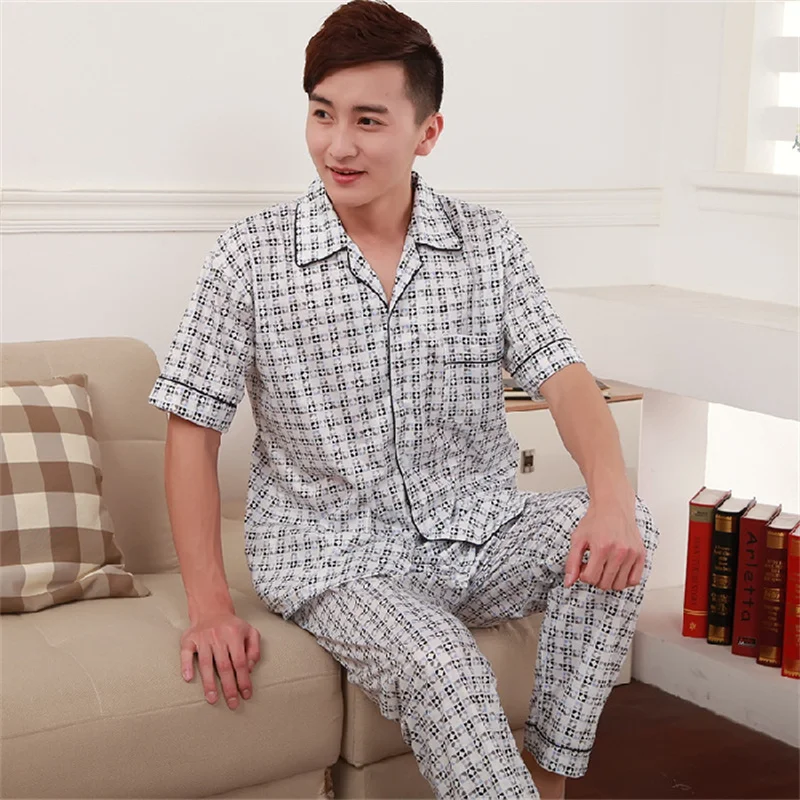 Summer Men's Thin Knitted Cotton Pajamas Short Sleeve Pants Fashion Loose Fit Casual Oversized Home Clothing Set