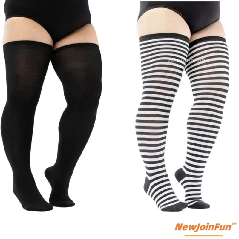 Women's Black and White Striped Thigh-High Knit Leg Warmers