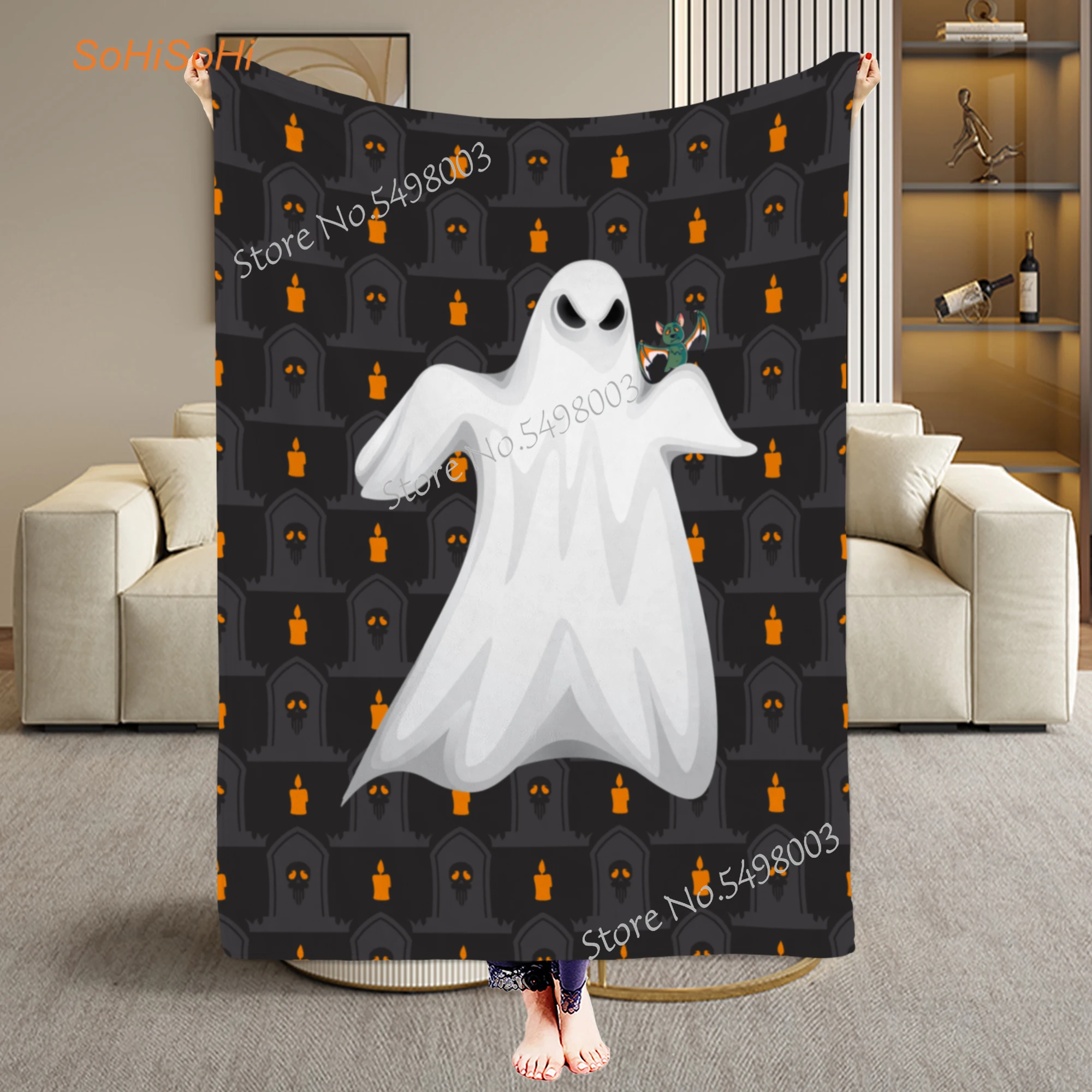 

Haunted Halloween Spooky Fleece Throw Blanket Witch's Hat Bats Pumpkins Print on Soft Velvet Blankets for Sofa Bed Cover Decor