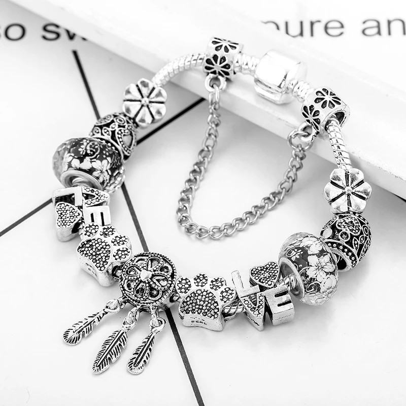 Bracelet Jewelry Bear Dreamcatcher Feather Charm Bracelets For Women Men Crystal Flowers Beaded Bangle Gift