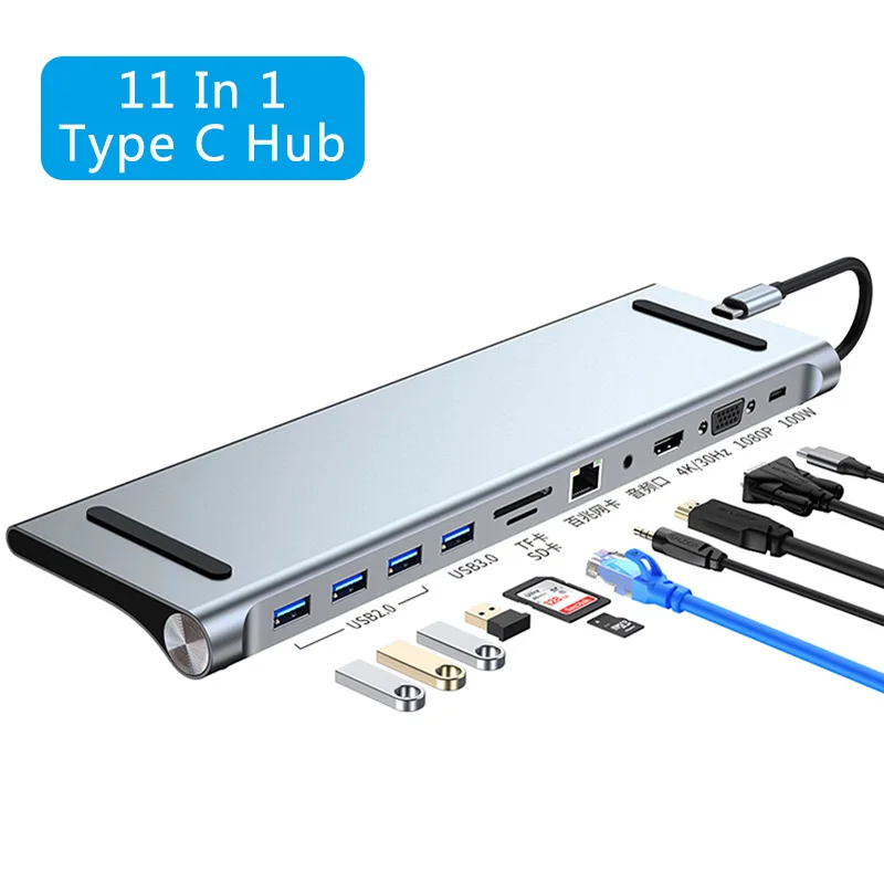

11 In 1 Laptop Docking Station Hub Multi-ports Adapter Type C To 4K HDMI RJ45 SD/TF VGA HDMI PD For MacBook Air MateBook Pro