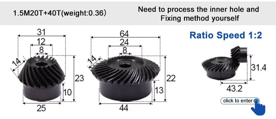 45 # Stahl 1M 15T Spiralkegelrad M1 Modul 1:1 90 Grad Differentialgetriebe Gleicher Übersetzungsverhältnis-Durchmesser – Detail 29