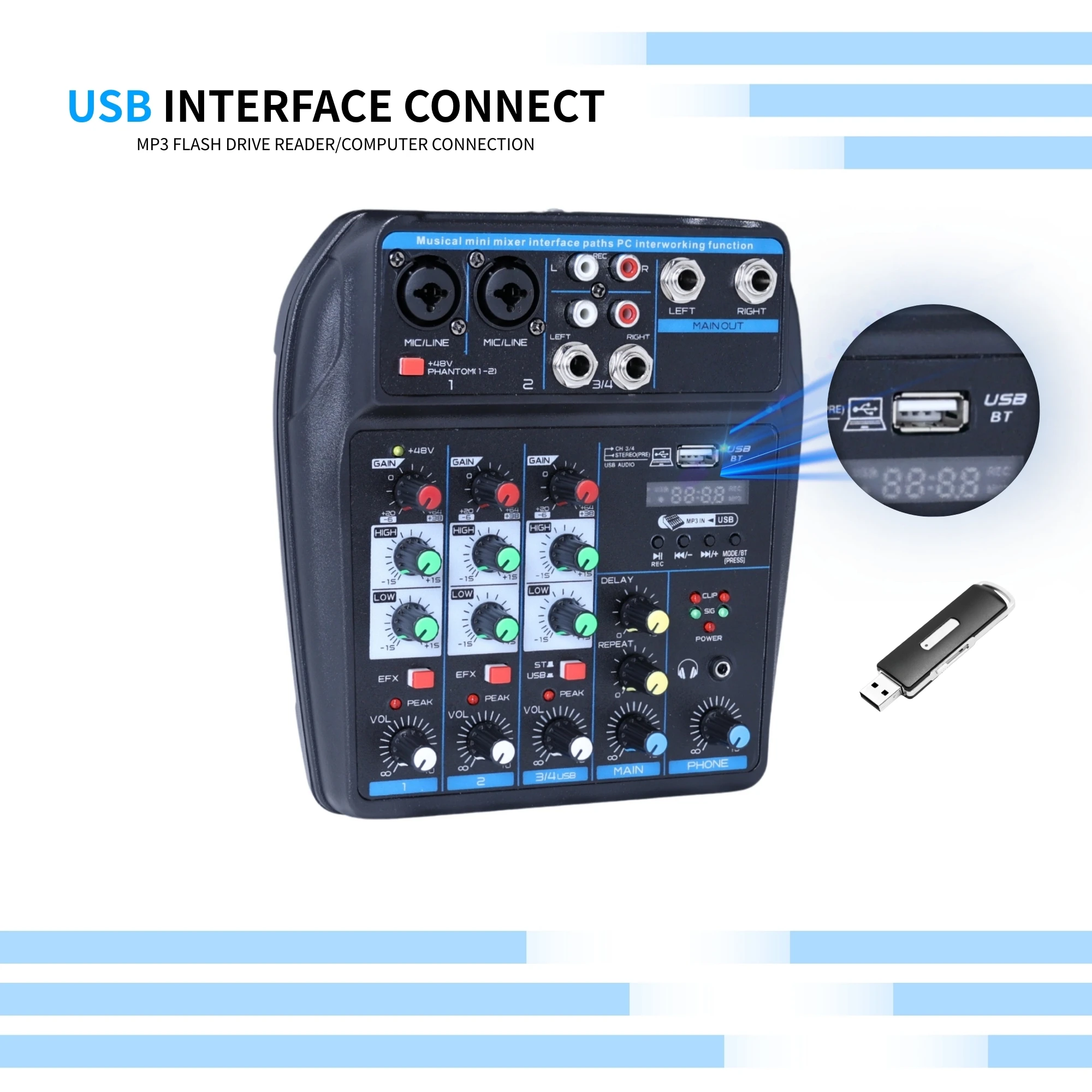 전문가용 4채널 DJ 오디오 믹서, USB MP3 입력 및 48V 팬텀 파워가 있는 블루투스 사운드 보드(노래방, 팟캐스팅, 라이브 방송용)