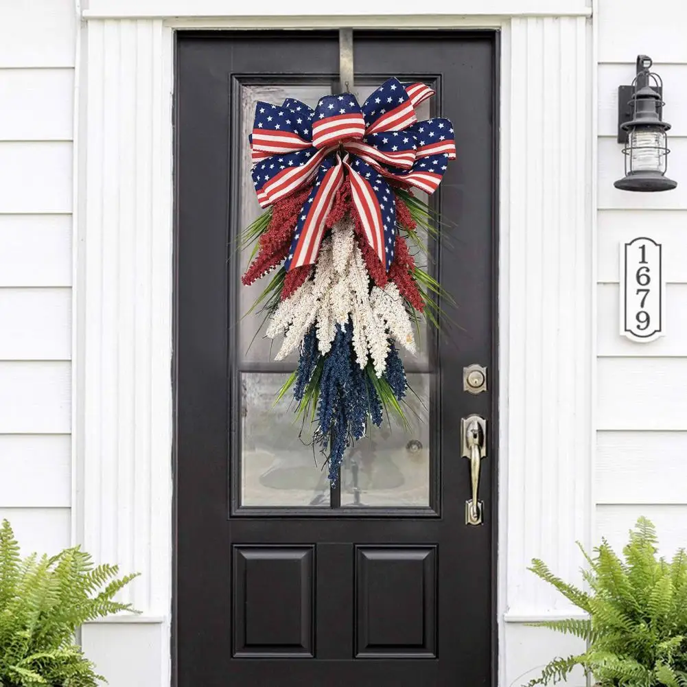 

Patriotic Wreath for Front Door 4th of July White Blue Red Wreath with USA Flags Big Bowknot Independence Day Hanging Ornaments