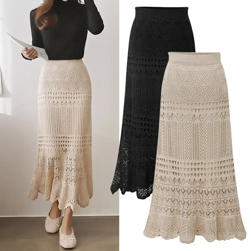 

Classic Summer Women's Hollowed Out Skirt Lace Knit Mid Length High Waisted Office All-match Fishtail Wrap Hip Skirt L452