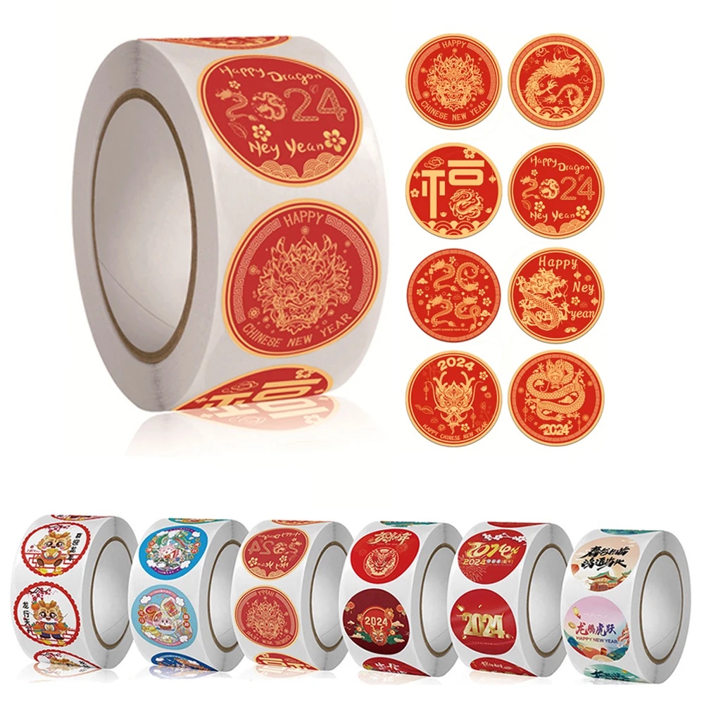 

500Pcs/Roll 2024 Happy New Year Stickers Round Adhesive Label Sticker DIY Gift Box Decoration Sealing Stickers Stationery