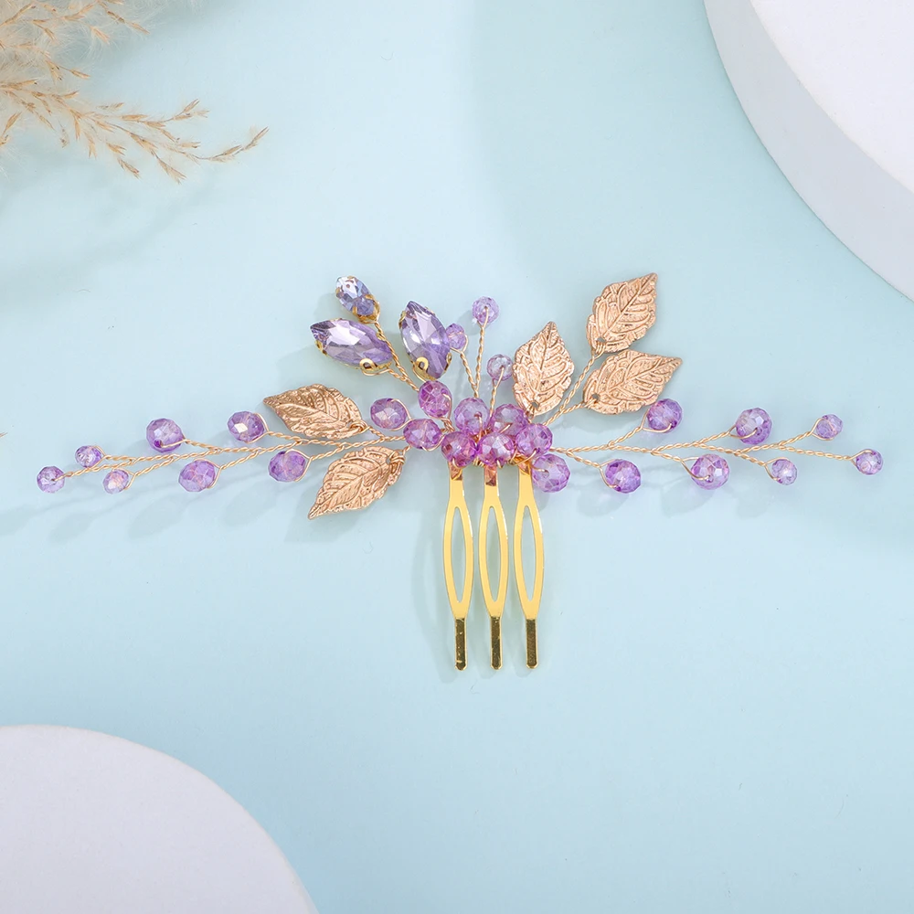 Purple Silver Crystal Leaf Hair Comb Prom Party Rhinestone Women Headpieces Wedding Accessories Bridal Headwear Bridesmaid Gift hair accessories bridal hair accessories