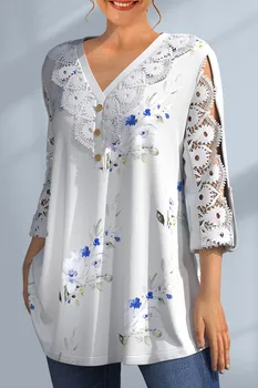 Plus Size Lace Patchwork V Neck Floral Print Blouse 2