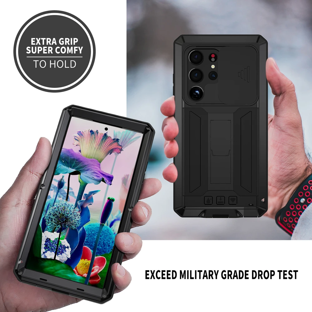 Heavy Duty Shockproof Metal Aluminum Case with Built-in Kickstand and Glass Cover