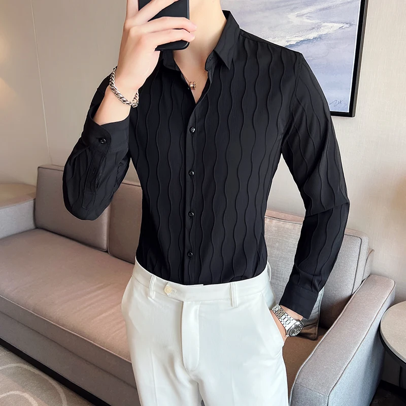 

2022 Autumn Solid Mens Striped Shirts Casual Long Sleeve Slim Fit Lapel Fashion Streetwear Social Party Tuxedo Camisa Masculina