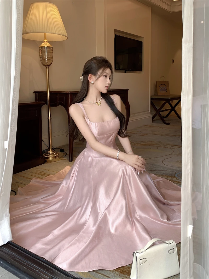 Elegant Satin Midi Dresses for Women Sleeveless High Waist Evening Party Dress A-line Prom Robe Korean Fashion Summer Vestidos