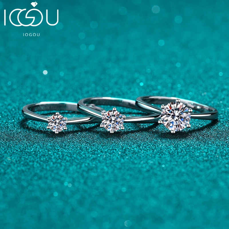 IOGOU 0.3CT/0.5CT/1.0CT Elsőrangú Hat Fogaz Pasziánsz D színben moissanite Szerződtetés gyűrűk számára Nők 925 Teljes értékű Ezüst- ékszer