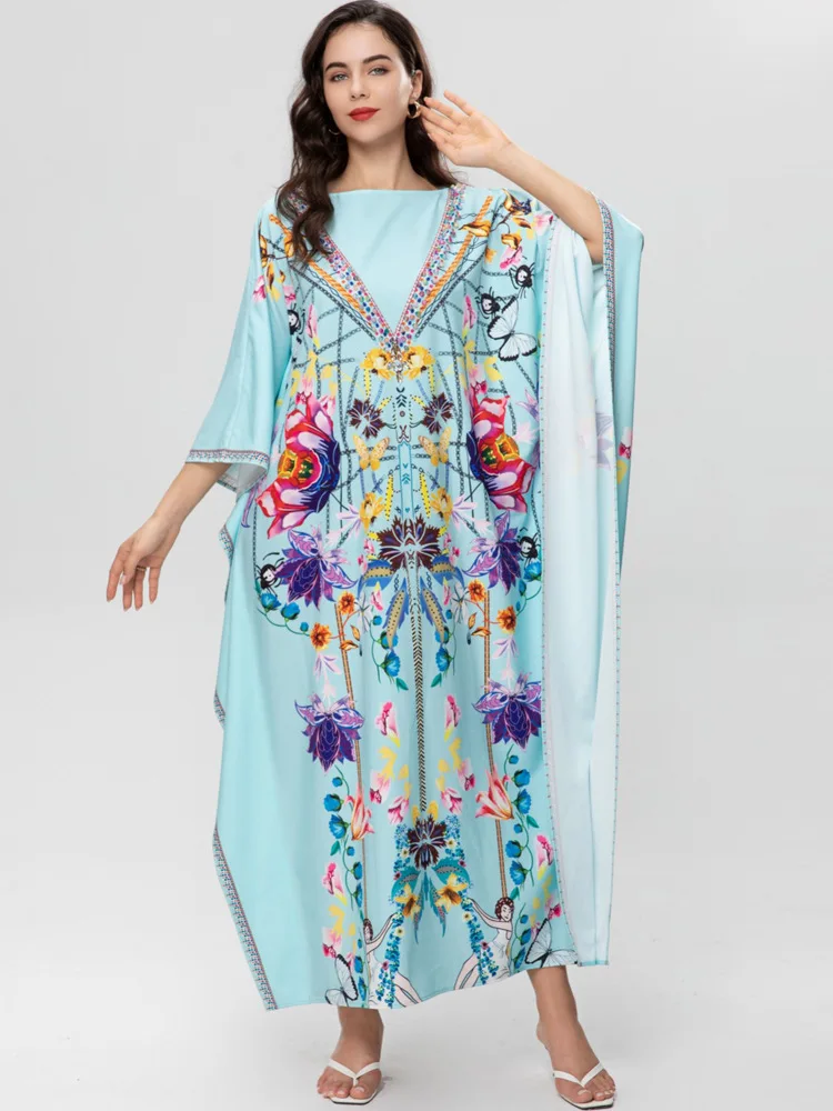 

HIGH QUALITY Designer Women Kaftan O-Neck Batwing Sleeve Beading Belt Vintage Luxury Fashion Party Loose Long Dresses 2023