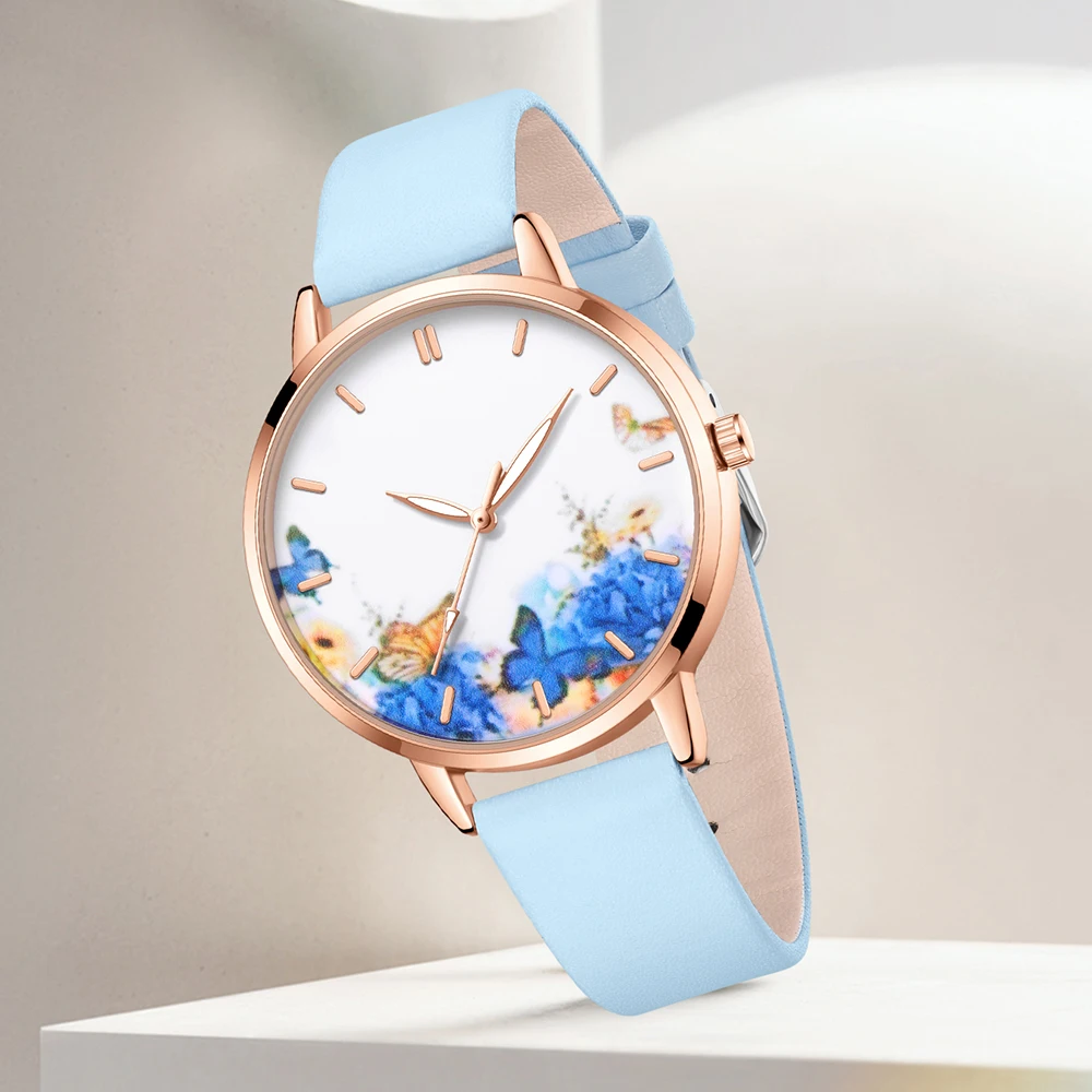 elegant Blue Five Piece Round Head Watch Quartz Watch Blue Love Alloy Accessory Set Women's Watch Accessory Set 3