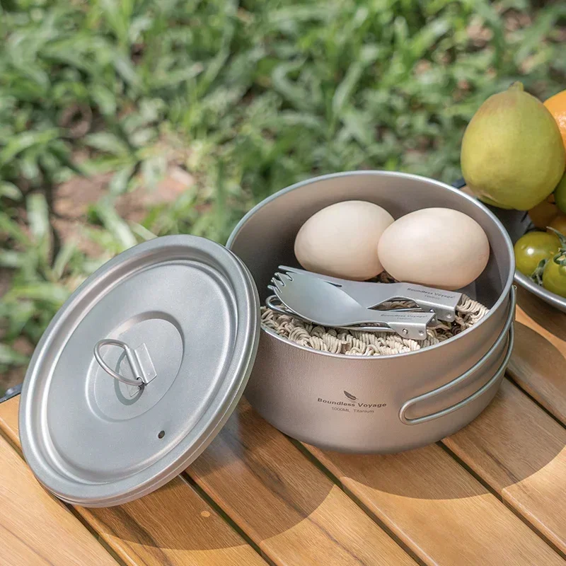 Boundless Voyage 1000ml Titanium Cooking Pot with Lid Single Layer Cookware Tableware for Soup Rice Kitchen Tool /Folding Handle