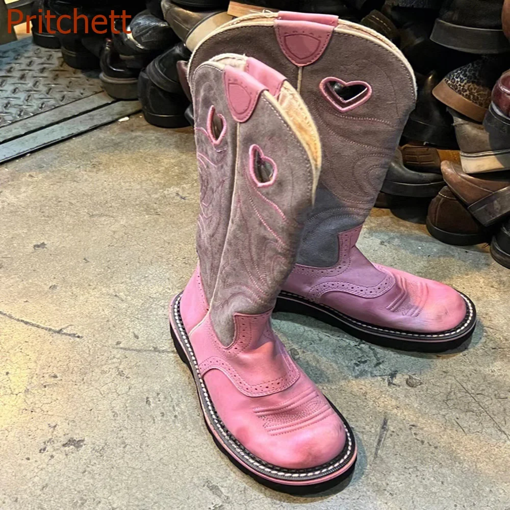 

Round Toe Embroidery Women Boots Knee High Flat Sole Pink Color Block Fashion Casual Western Cowboy Boots 2023 New Arrivals