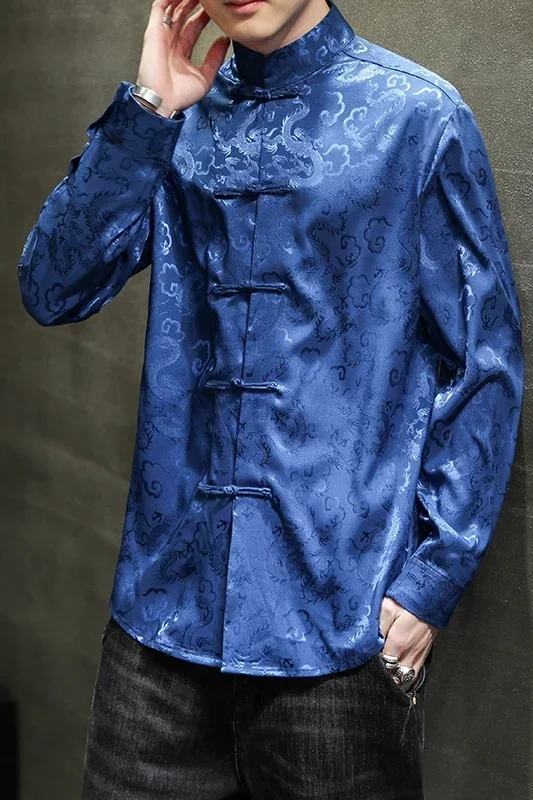 Men Chinese Style Shirt Buckle Elegant Tang Jackets Silver Mandarin Collar Blouse Red Chinese New Year Clothes Big Size Blue Satin Silk Shirts for Mens hanfu jacket