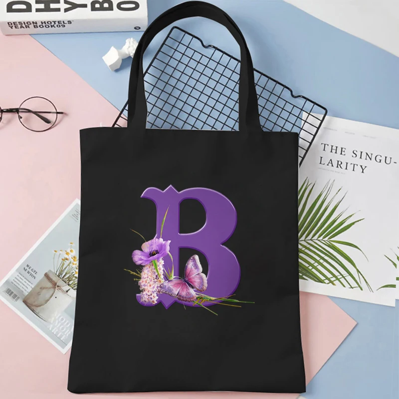 Alphabet Tote Bag 26 Women Team Bride Party Canvas Butterfly Flowers Shopping Bags Purple Letters Teen Y2K Shoulder Handbags