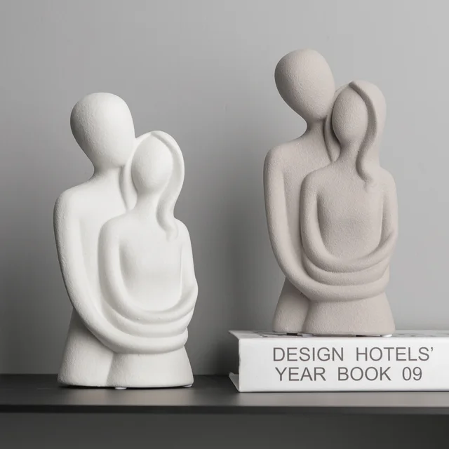 Sculpture de couple abstraite nordique, personnages de câlin d'amant, statues en céramique givrée, Figurines blanches/grises unies, cadeaux de mariage 2
