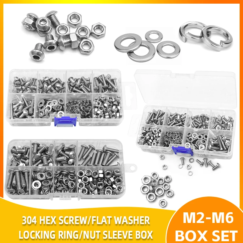 Corrosion-Resistant 304 Stainless Steel Button Head Hex Screw Combo Kit with Washers & Nuts M2 to M6, Heavy Duty Fastener Set