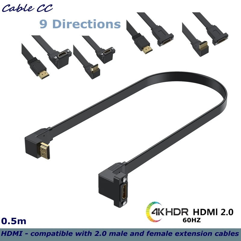 

50cm 90 Degree Flat HDMI-compatible 2.0 male and female Extension Cable, With Screw Hole Panel Installation, High-speed 4K 60Hz