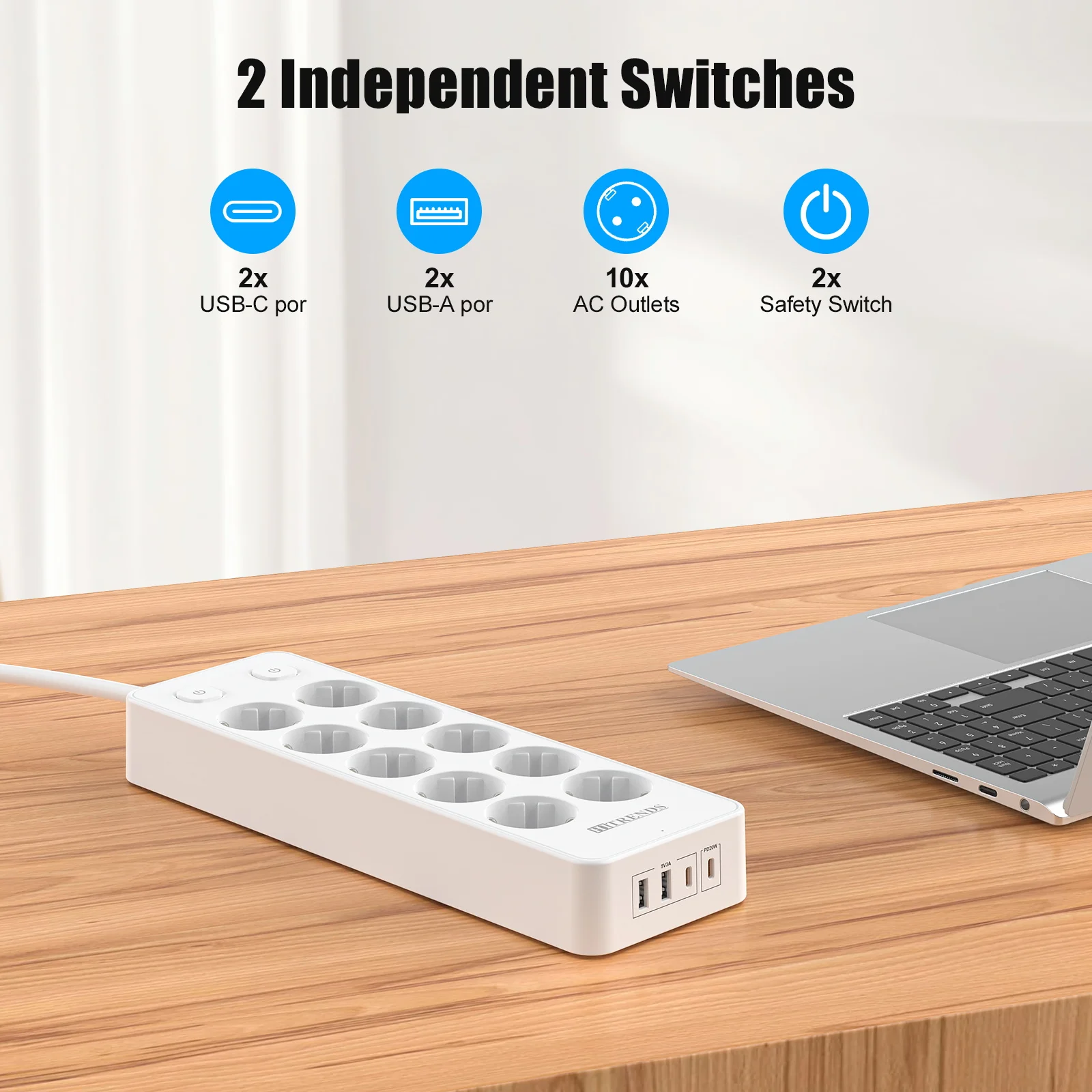 10 Way European Power Strip with 2 USB A 2 USB C PD20W fast charging Multiprise Socket Double switch Surge Protection 2m cable S25f46d783d3845c6bc342e515e942641u