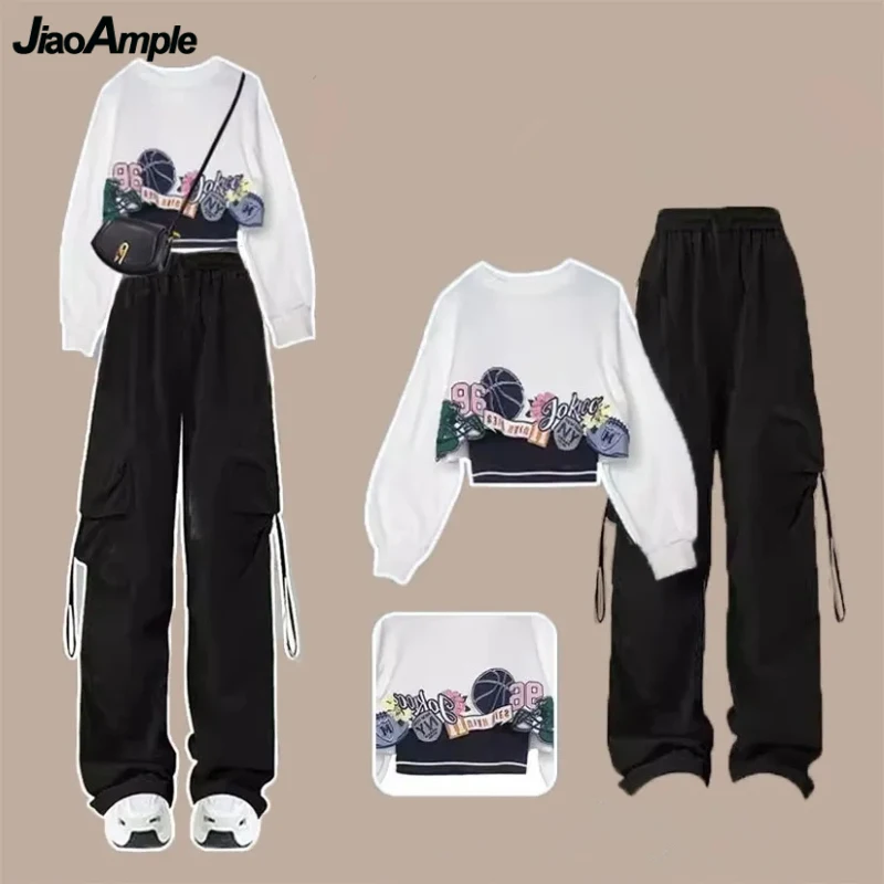 Women 2023 Spring Autumn New Floral Sweatshirt Sling Safari Style Pants Matching Sets Lady Daily Crop Tops Vest Trousers Outfits kpop park min young women blue loose blazers suits 2022 elegant female straight trousers black slim sling vest office lady sets