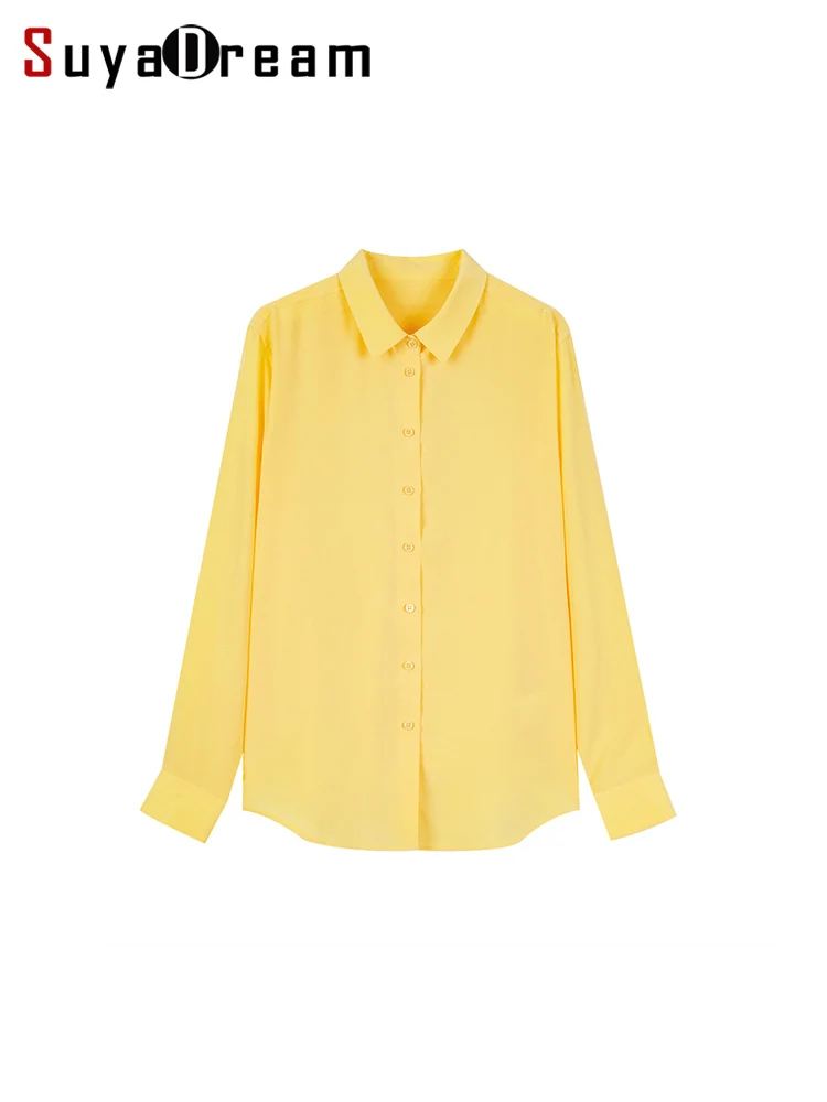 

SuyaDream Woman Solid Shirts, 18mm 100%Silk Crepe, Turn Down Collar Chic Blouses, 2024 Spring Summer Office Lady Top, Yellow