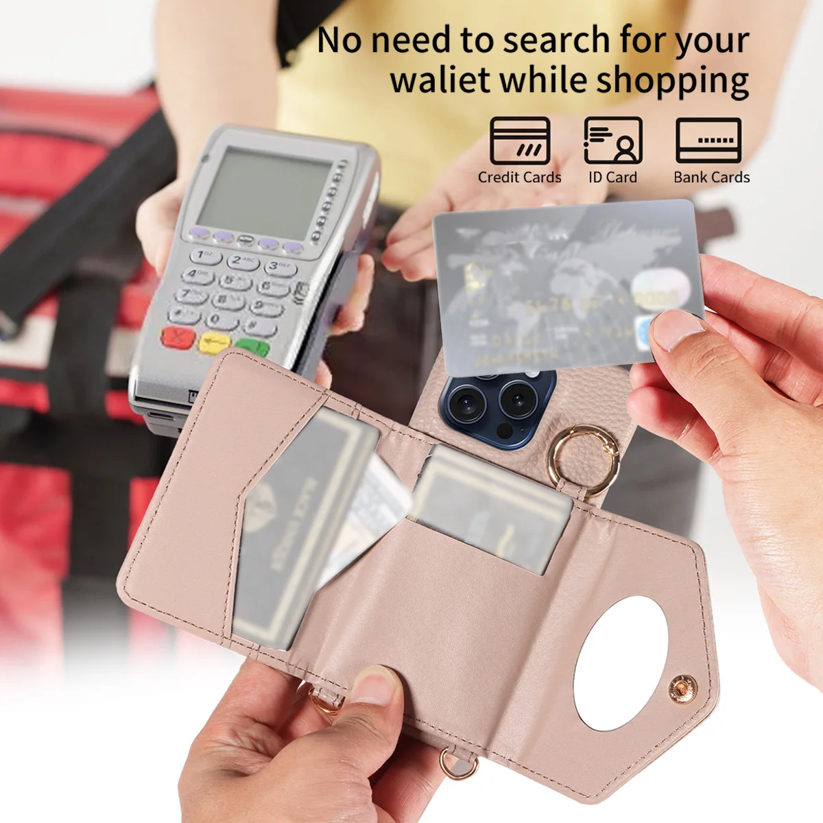 Elegant Leather Phone Case with Anti-Drop Protection, Long Lanyard, and Built-In Mirror