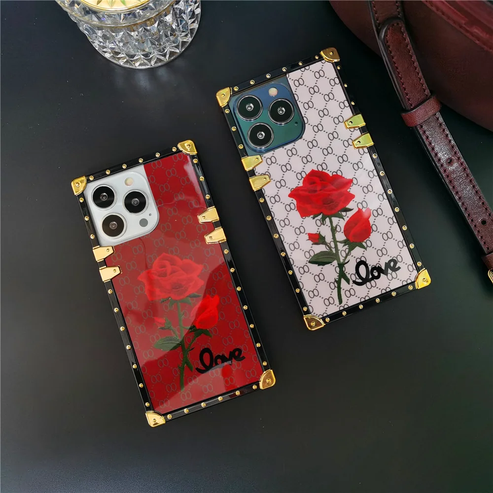 Fashion Plaid Red Rose Flower Cover Per Telefono Mirror Face Square Case Per Motorola Moto G Power 2021 G Stylus G Pure Play One 5G Ace