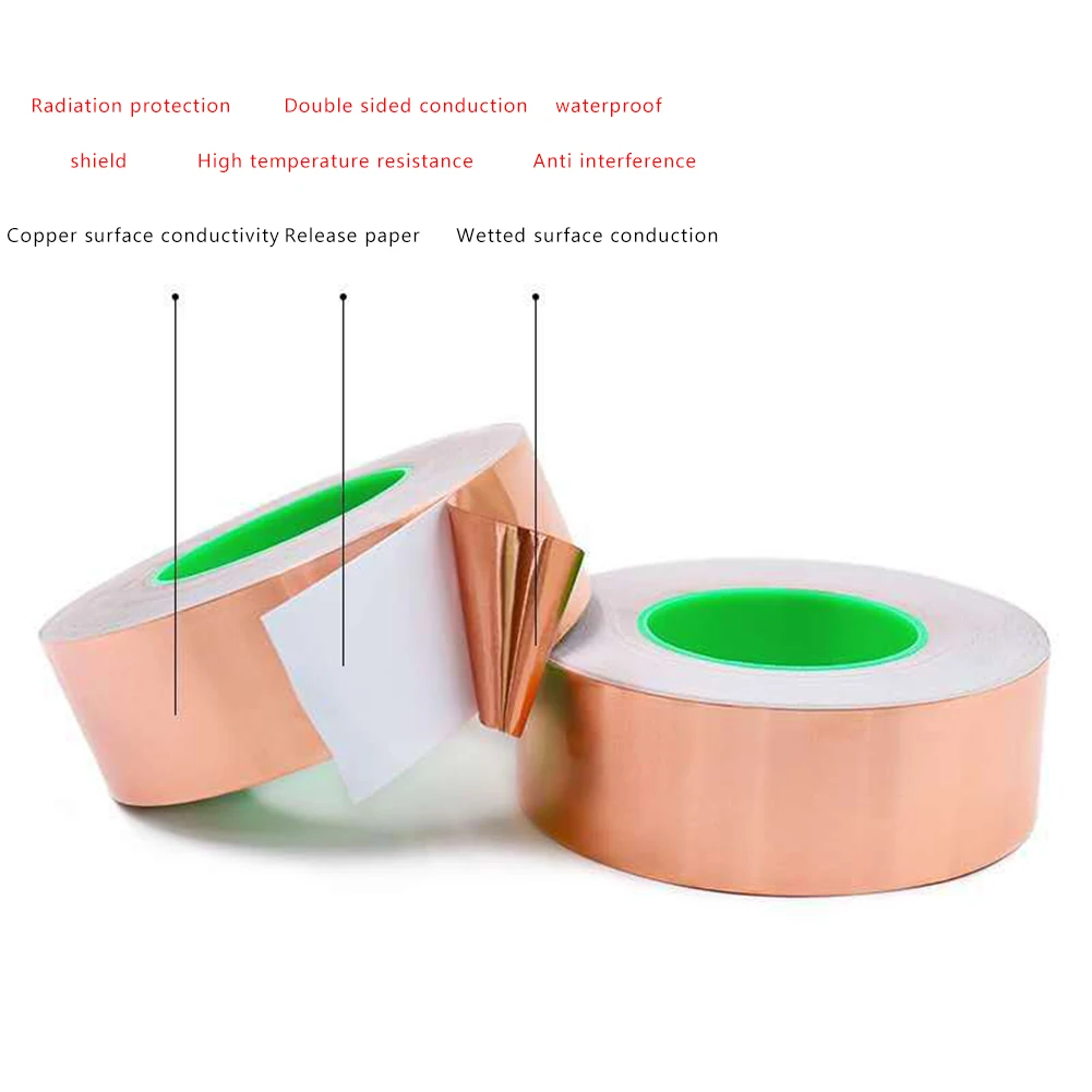5m Conductive Copper Foil Tape Heat Insulation Tape Self Adhesive Conductive Shielding Tape Double-sided 25mm for EMI Shielding