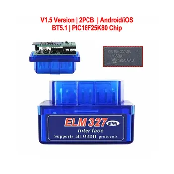 2PCB V1.5 ELM327 Bluetooth 5.1 PIC18F25K80 Chip Mini OBD2 Car Scanner Diagnostic Tool Code Reader For Apple IOS Android 16PIN