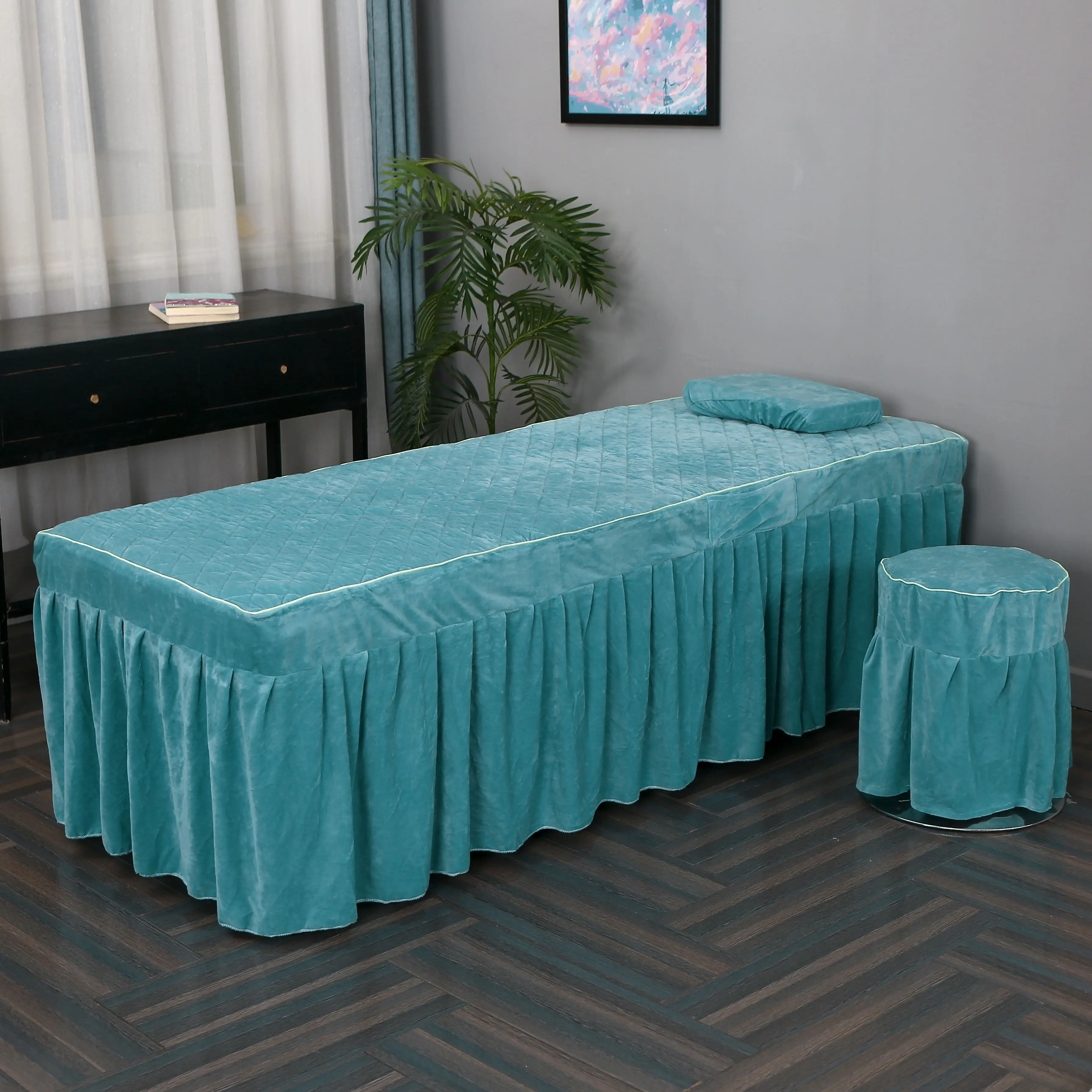 Crystal Velvet Beauty Salon 2pcs Set Bed Skirt+ Pillowcase SPA Skin-Friendly Massage Table Bed Cover Sheet Bedskirt with Hole