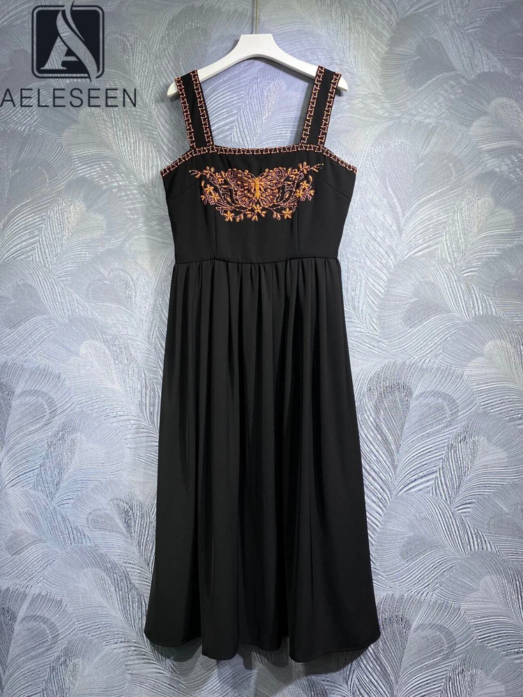 

AELESEEN Vintage Summer Women Dress Spaghetti Strap Design Black Flower Embroidery Beading Square Collar Elegant Long Party