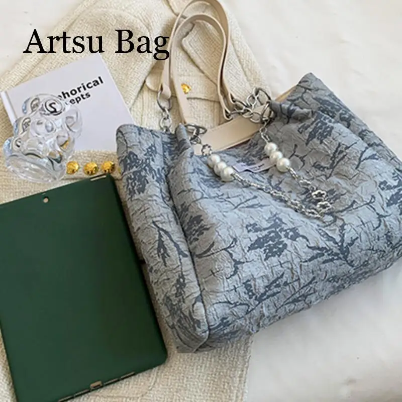 Sea Salt Blue Jacquard Canvas Tote Bag 2024 New Fashion Large Capacity Handbag Shoulder Bag for Women