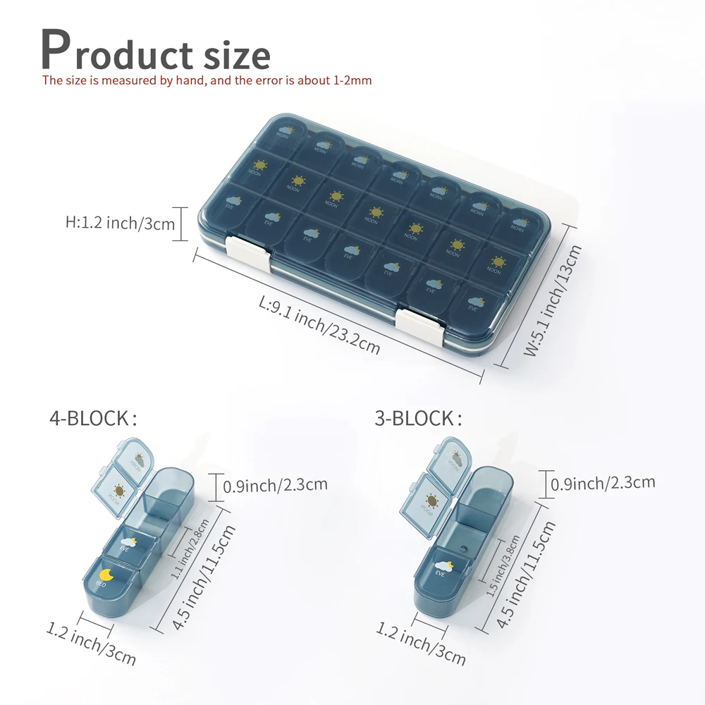 Weekly AM/PM Pill Organizer with Large Detachable Compartments for Vitamins and Supplements